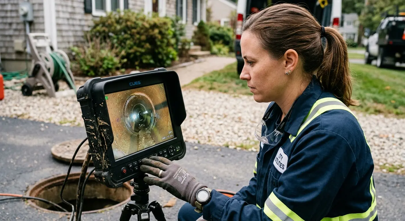 Technician reviewing sewer camera inspection footage in East Pasadena