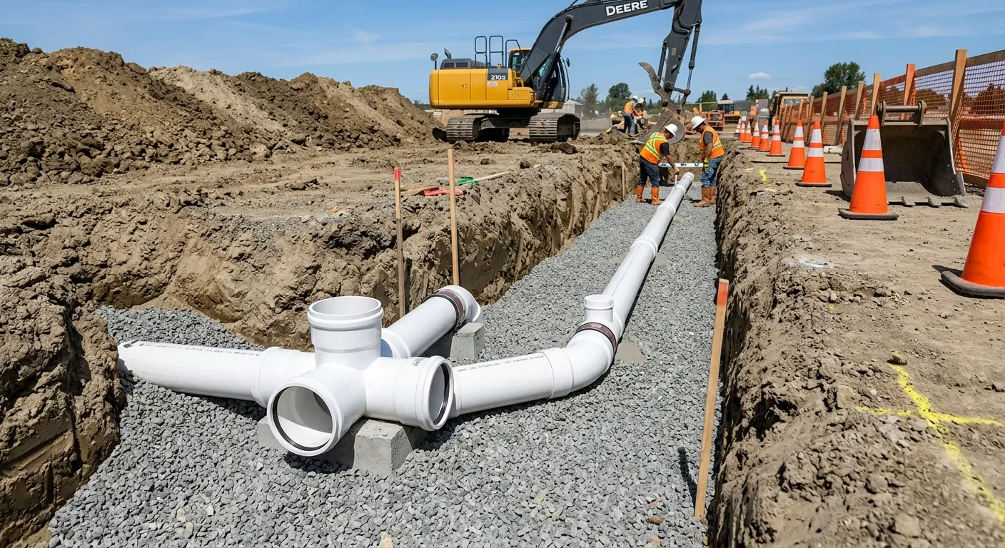 New PVC sewer pipe installation in open trench for Commercial Drain Cleaning in East Pasadena