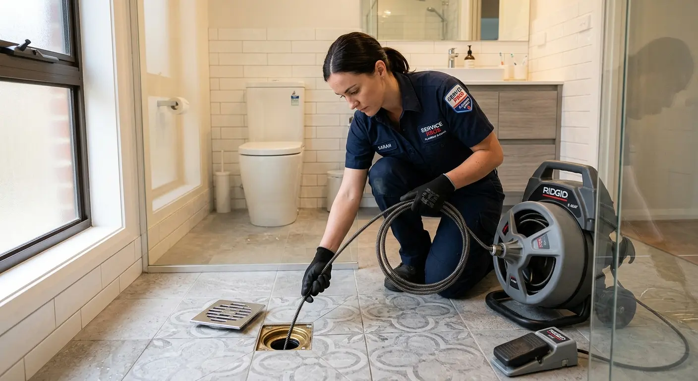 Technician clearing a bathroom floor drain for Clogged Drain Repair in East Pasadena
